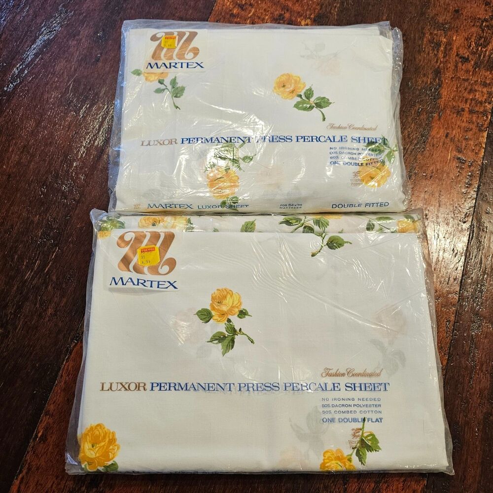 MARTEX Luxor yellow rose percale sheet set vintage double flat fitted floral NOS